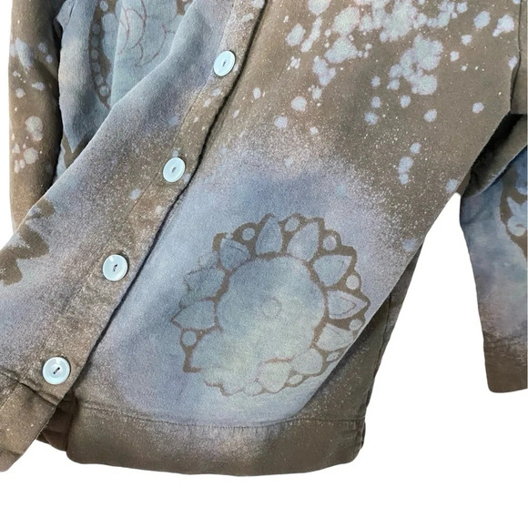 Handmade Stencil Tie Dye Jacket Womens Medium Tan Blue 3/4 Sleeve Cotton Knit - Picture 6 of 13